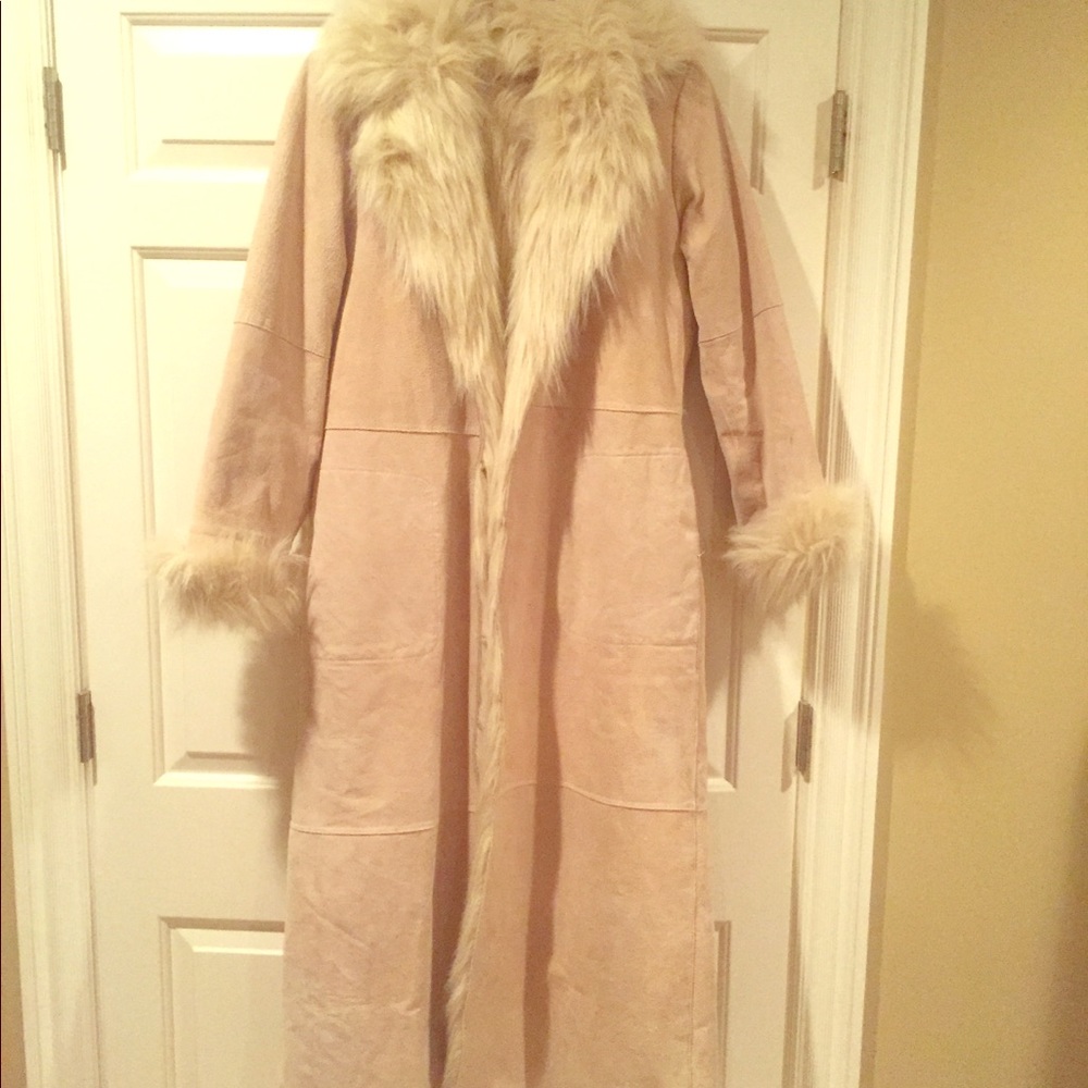 Faux fur lined  bone suede full length jacket